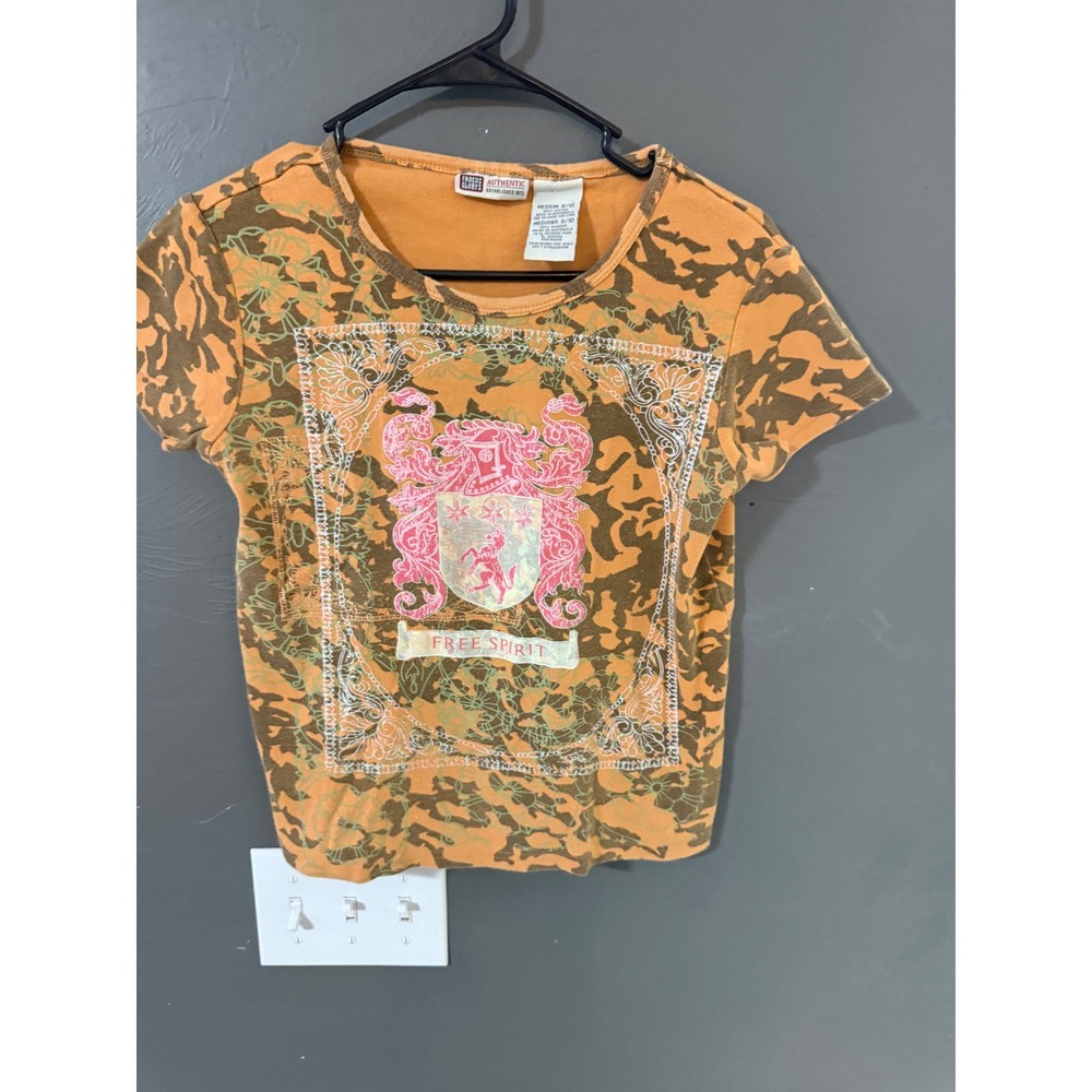 Faded Glory Vintage Orange Camo Graphic Tee Free Spirit Crest‎ Y2K Grunge M